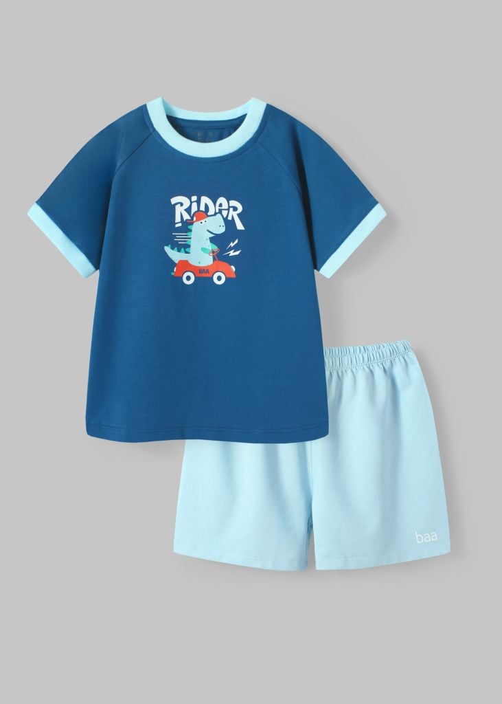 Bộ Thun Ngắn Tay Bé Trai Xanh Khủng Long Phối