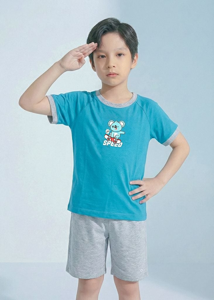 Bộ Thun Ngắn Tay Bé Trai Xanh Koala Trượt Ván Phối Xám