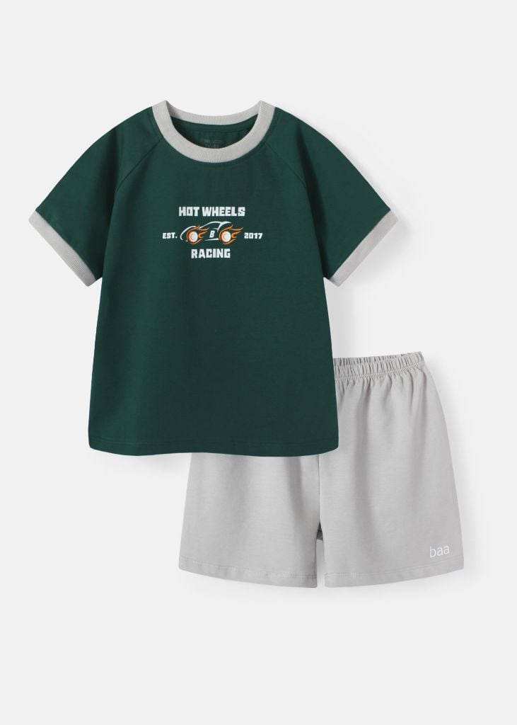 Bộ Thun Ngắn Tay Bé Trai Xanh Lá Xe Đua Phối Xám