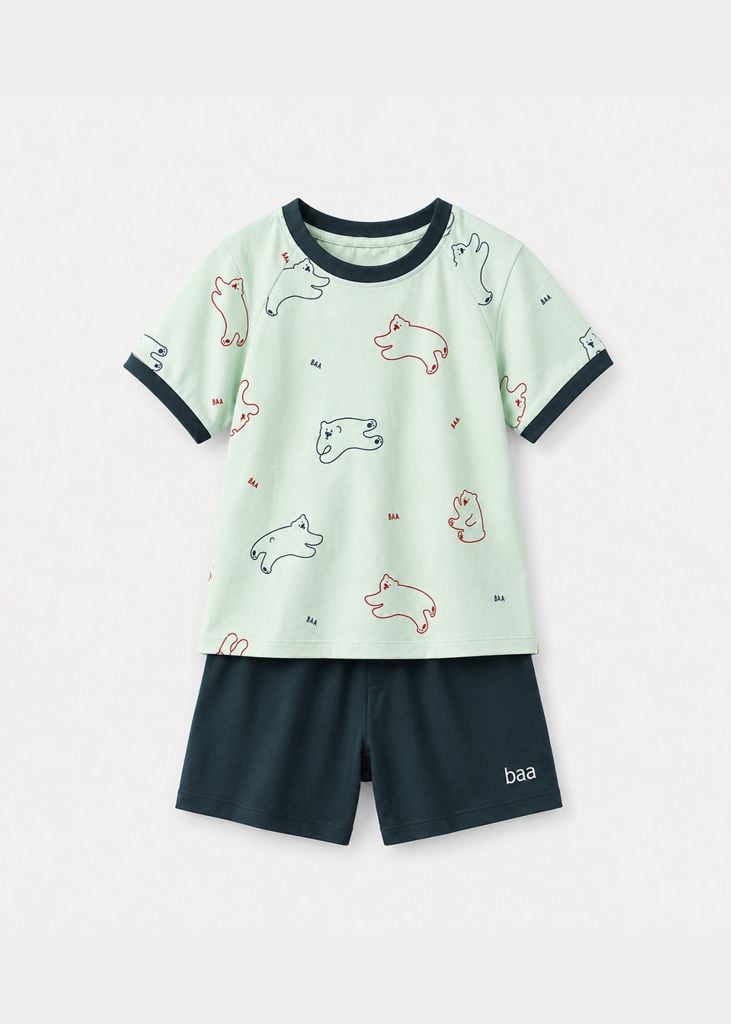 Bộ Thun Ngắn Tay Bé Trai Xanh Ngọc Hoạ Tiết Little Bears Phối Xám