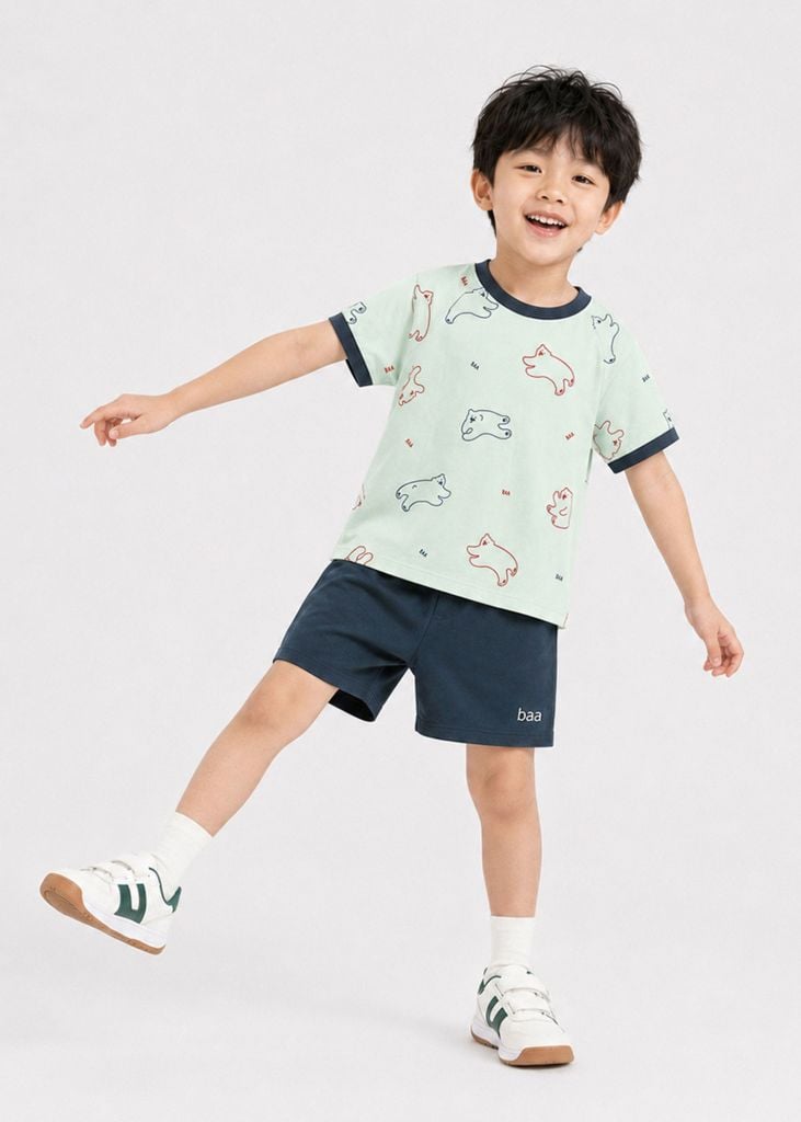 Bộ Thun Ngắn Tay Bé Trai Xanh Ngọc Hoạ Tiết Little Bears Phối Xám