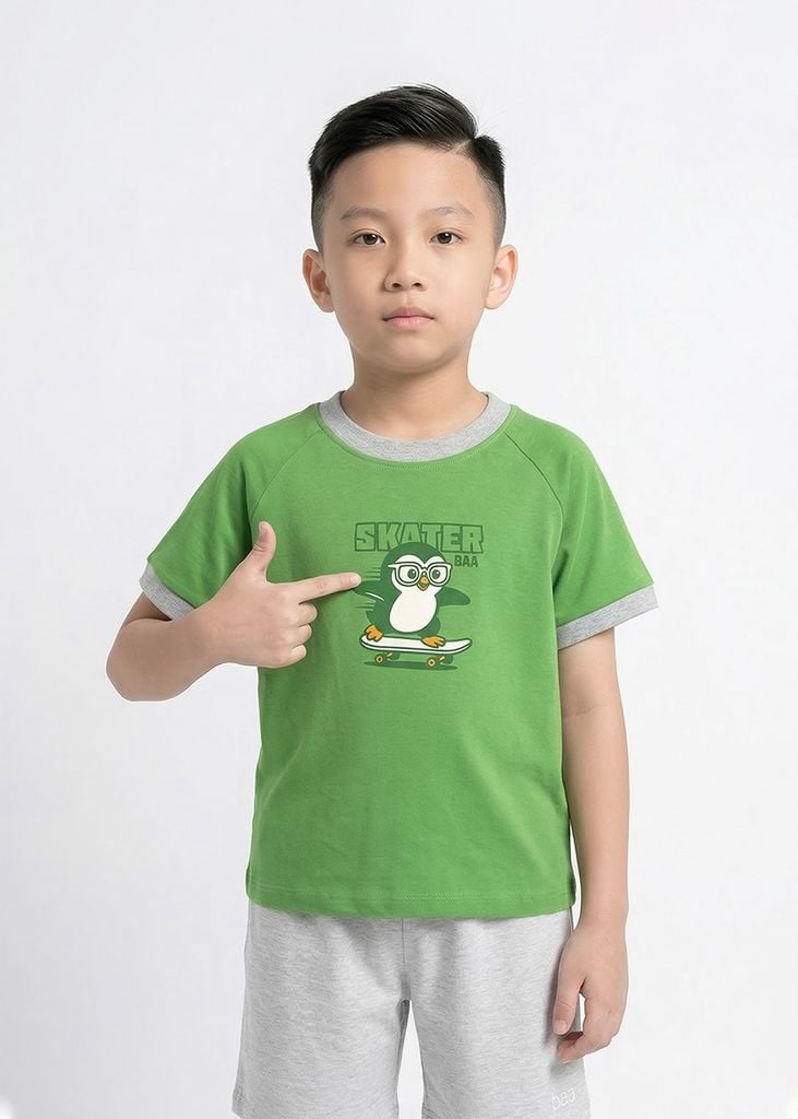 Bộ Thun Ngắn Tay Bé Trai Xanh Phối Xám Melange Chim Cánh Cụt