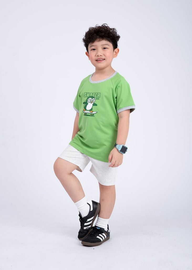 Bộ Thun Ngắn Tay Bé Trai Xanh Phối Xám Melange Chim Cánh Cụt