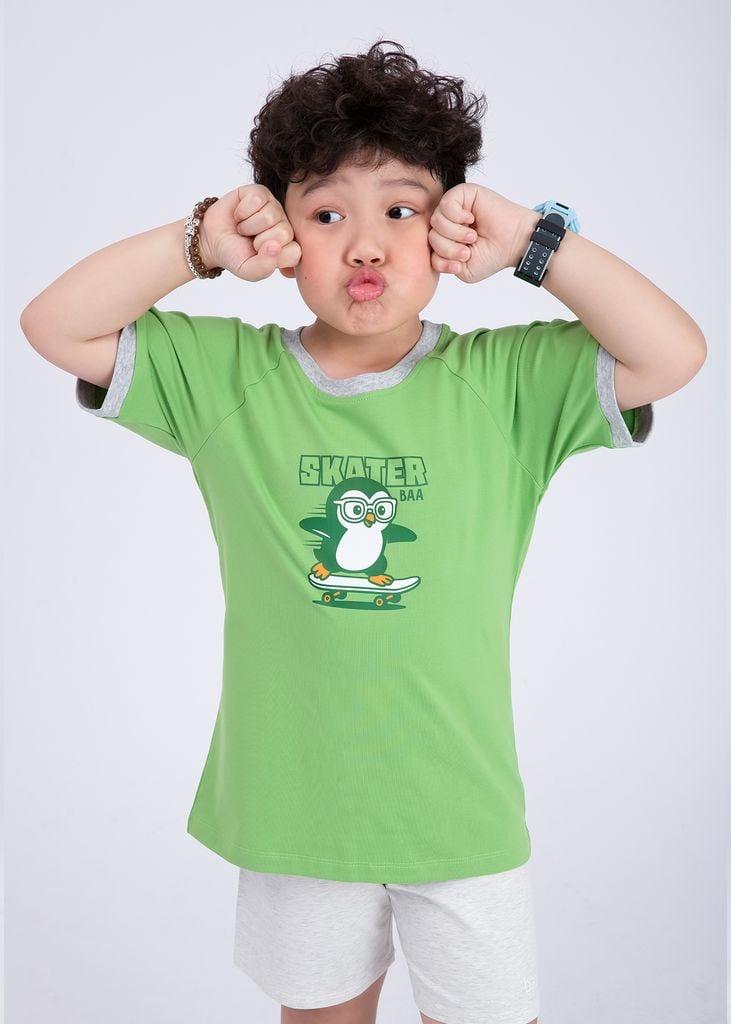 Bộ Thun Ngắn Tay Bé Trai Xanh Phối Xám Melange Chim Cánh Cụt