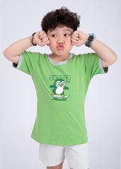 Bộ Thun Ngắn Tay Bé Trai Xanh Phối Xám Melange Chim Cánh Cụt