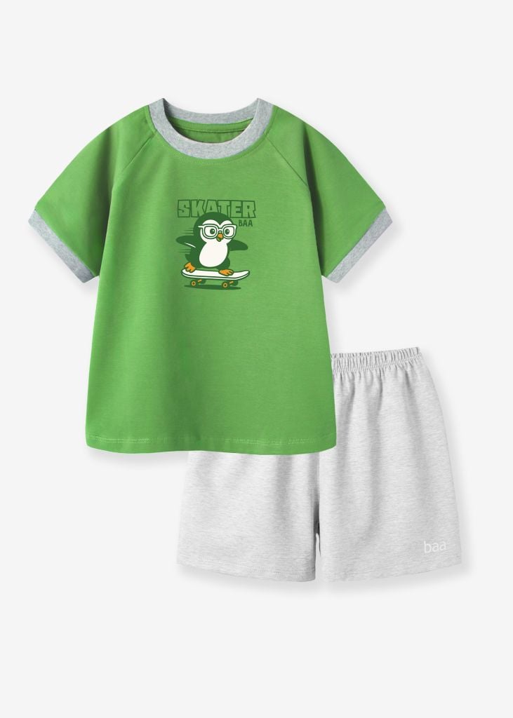 Bộ Thun Ngắn Tay Bé Trai Xanh Phối Xám Melange Chim Cánh Cụt