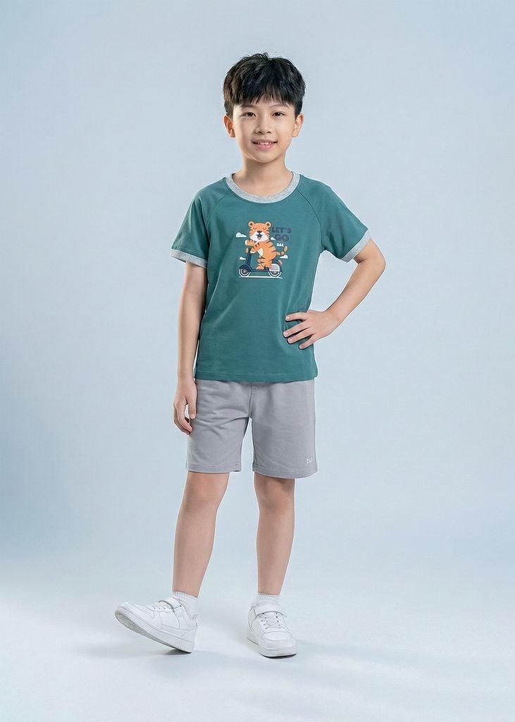 Bộ Thun Ngắn Tay Bé Trai Xanh Tiger Phối Xám