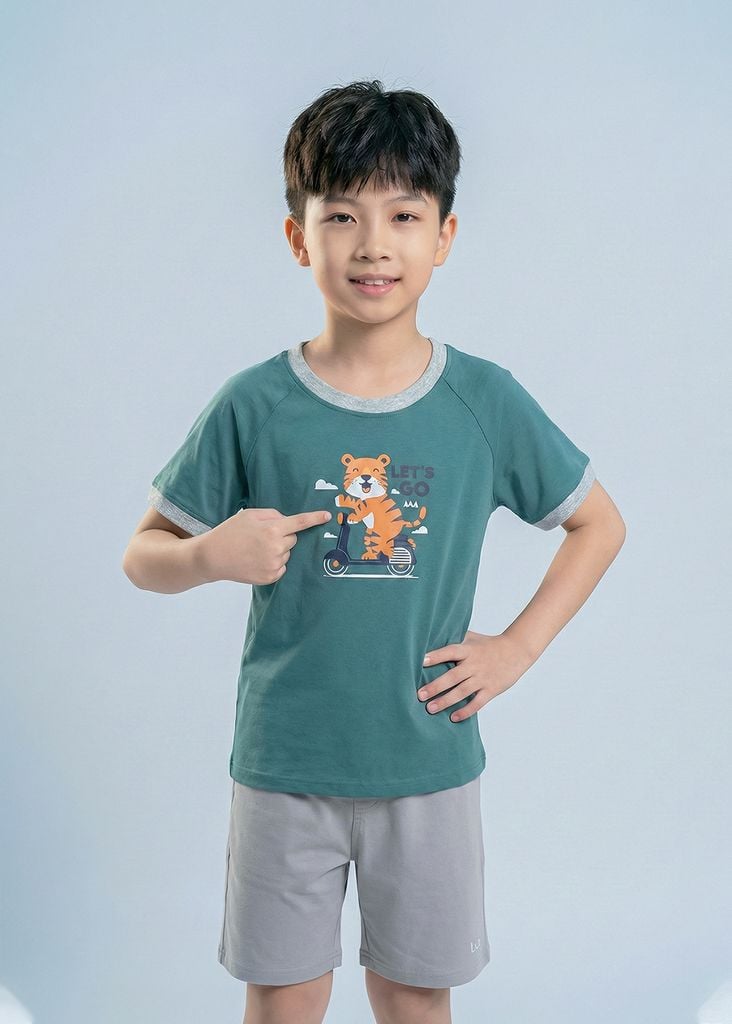 Bộ Thun Ngắn Tay Bé Trai Xanh Tiger Phối Xám