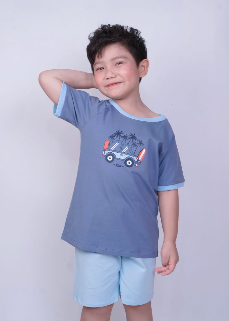 Bộ Thun Ngắn Tay Bé Trai Xanh Xám Xe Hơi Phối BC-DB04N-18