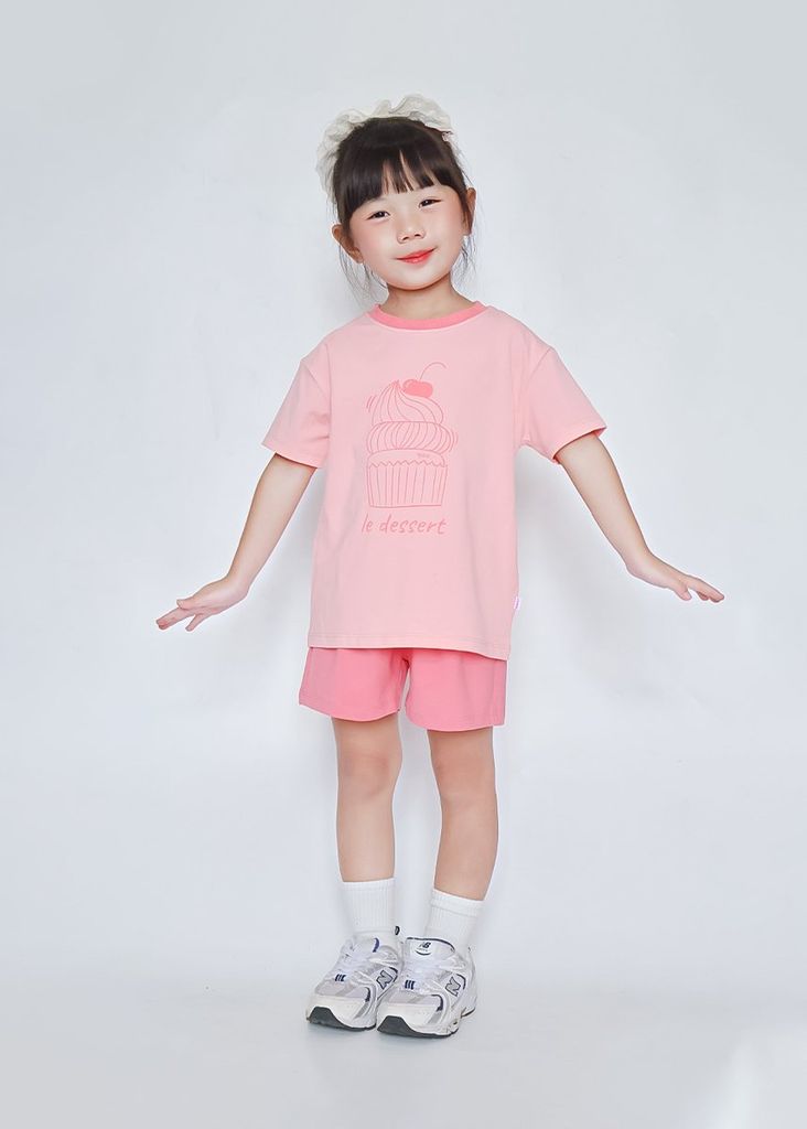 Bộ Thun Ngắn Tay Form Rộng Bé Gái Hồng Cam Cupcake Phối