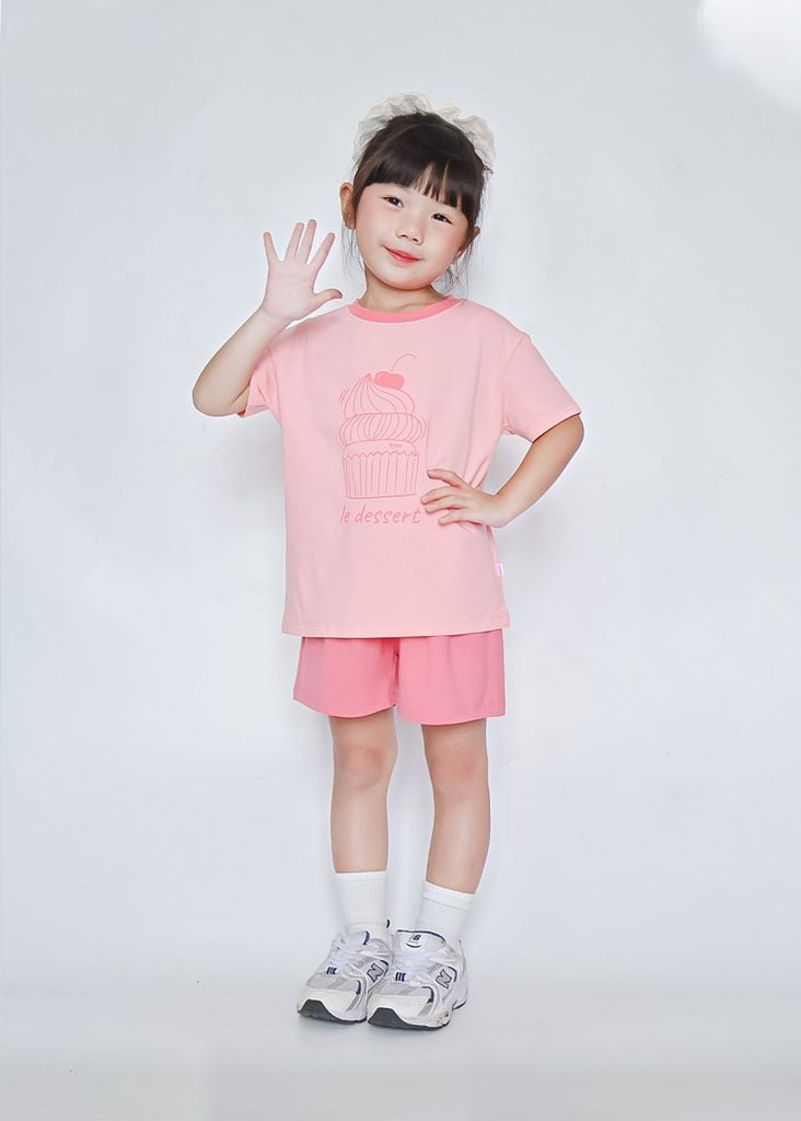 Bộ Thun Ngắn Tay Form Rộng Bé Gái Hồng Cam Cupcake Phối