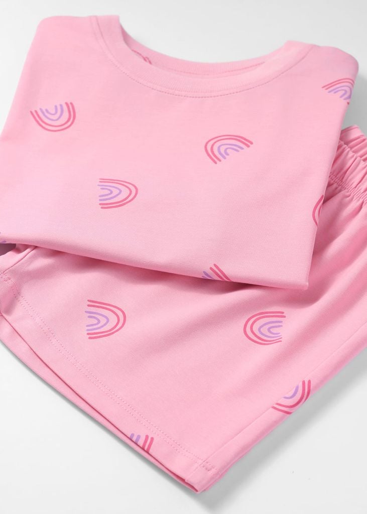 Bộ Thun Ngắn Tay Form Rộng Bé Gái Hồng Nhạt Hoạ Tiết Cầu Vồng