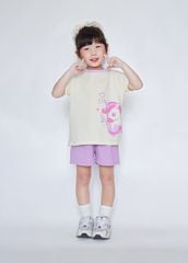 Bộ Thun Ngắn Tay Form Rộng Bé Gái Trắng Kem Unicorn Phối Tím