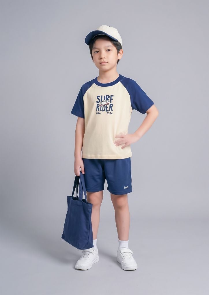 Bộ Thun Ngắn Tay Raglan Bé Trai Be Phối Navy Cá Mập