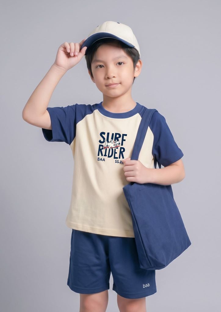 Bộ Thun Ngắn Tay Raglan Bé Trai Be Phối Navy Cá Mập