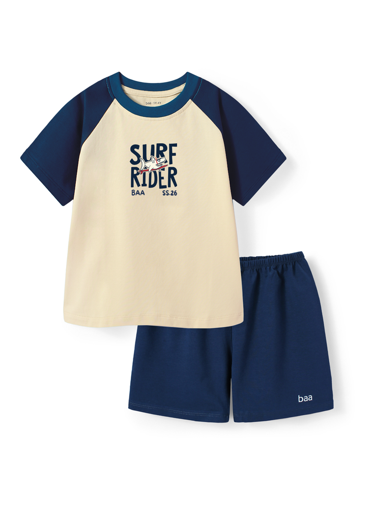 Bộ Thun Ngắn Tay Raglan Bé Trai Be Phối Navy Cá Mập