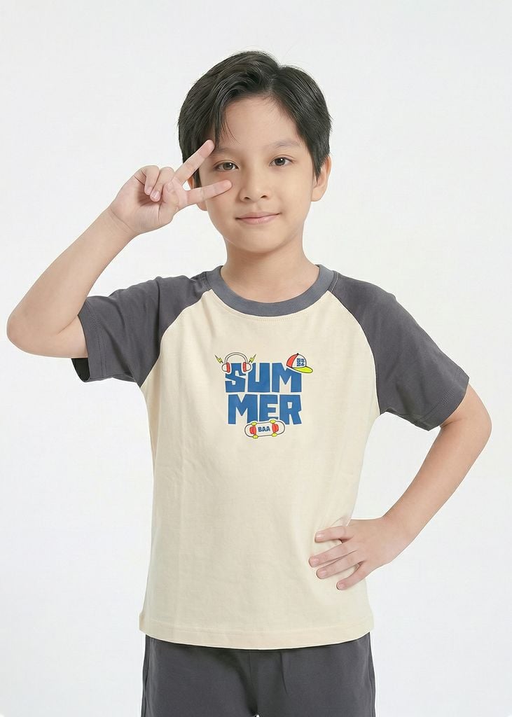 Bộ Thun Ngắn Tay Raglan Bé Trai Be Phối Xám Summer