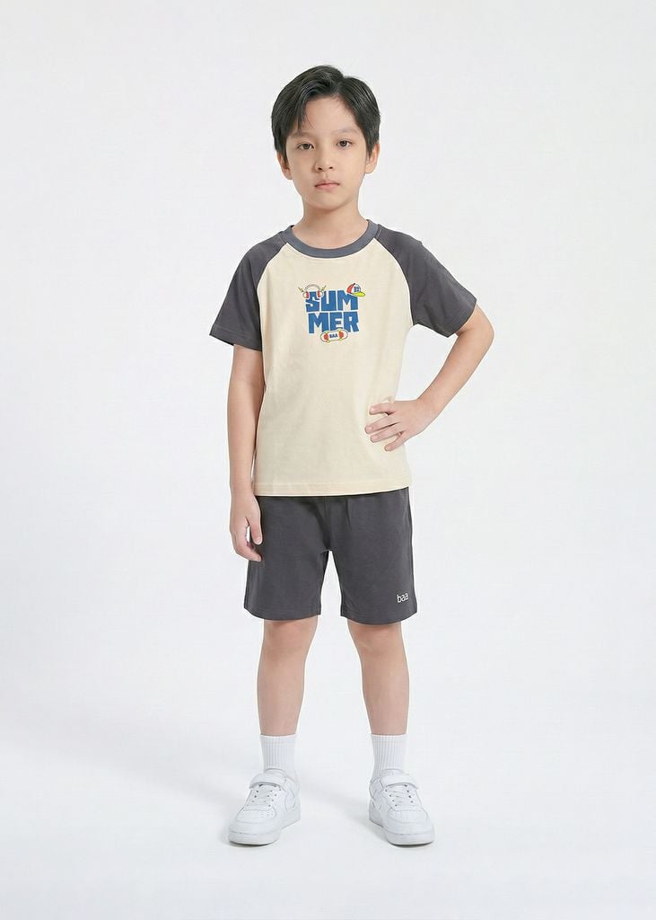 Bộ Thun Ngắn Tay Raglan Bé Trai Be Phối Xám Summer
