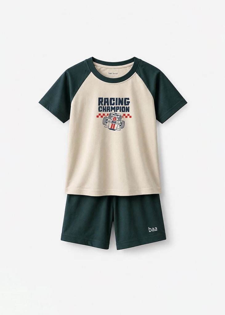 Bộ Thun Ngắn Tay Raglan Bé Trai Be Xe Đua Phối Xám