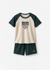 Bộ Thun Ngắn Tay Raglan Bé Trai Be Xe Đua Phối Xám