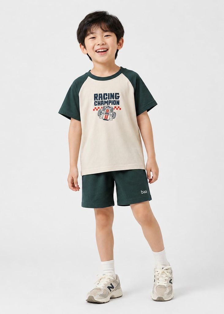 Bộ Thun Ngắn Tay Raglan Bé Trai Be Xe Đua Phối Xám