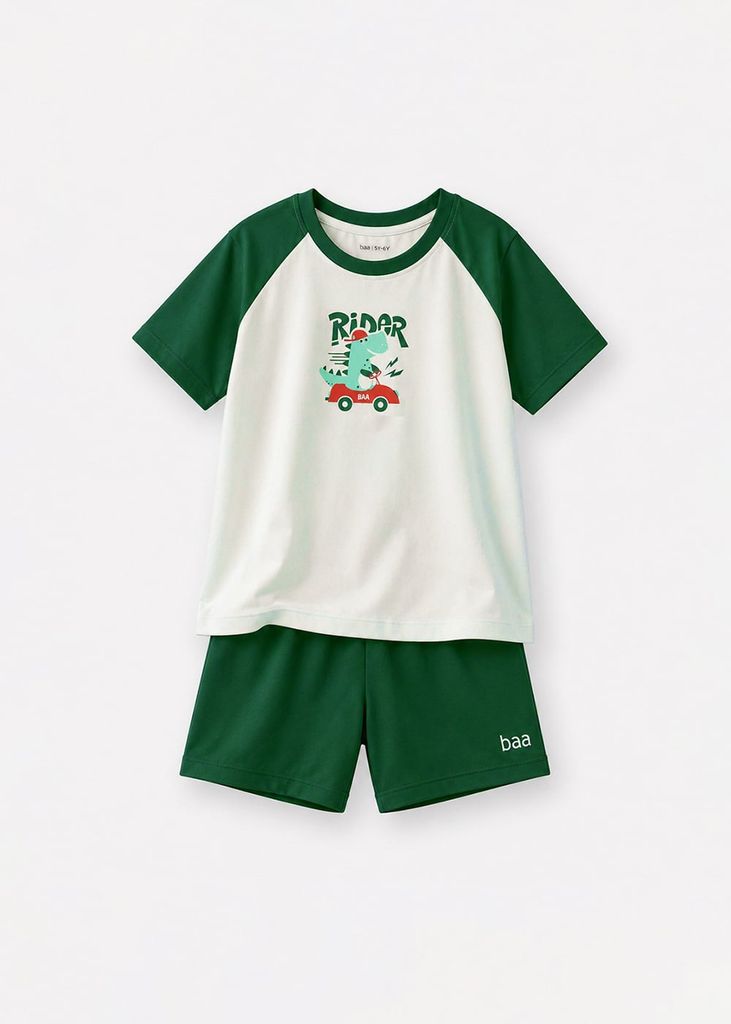 Bộ Thun Ngắn Tay Raglan Bé Trai Kem Khủng Long Rider Phối Xanh Lá