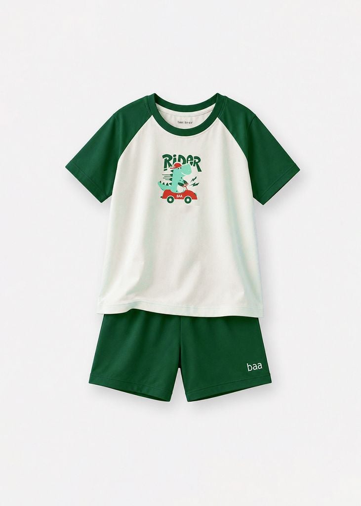 Bộ Thun Ngắn Tay Raglan Bé Trai Kem Khủng Long Rider Phối Xanh Lá