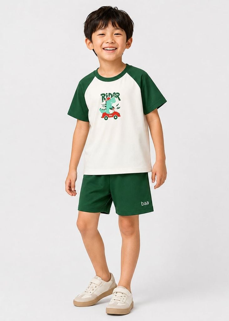 Bộ Thun Ngắn Tay Raglan Bé Trai Kem Khủng Long Rider Phối Xanh Lá
