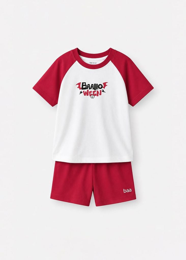 Bộ Thun Ngắn Tay Raglan Bé Trai Trắng Baalloween Phối Đỏ
