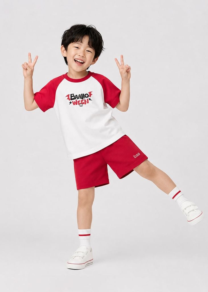 Bộ Thun Ngắn Tay Raglan Bé Trai Trắng Baalloween Phối Đỏ