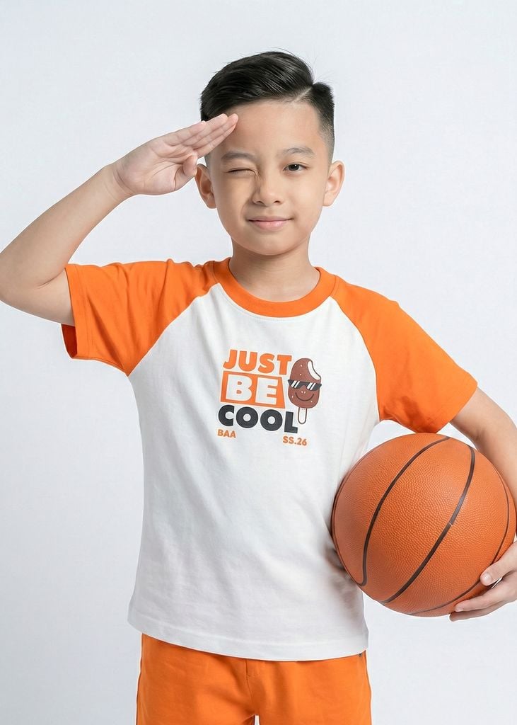 Bộ Thun Ngắn Tay Raglan Bé Trai Trắng Phối Cam Just Be Cool