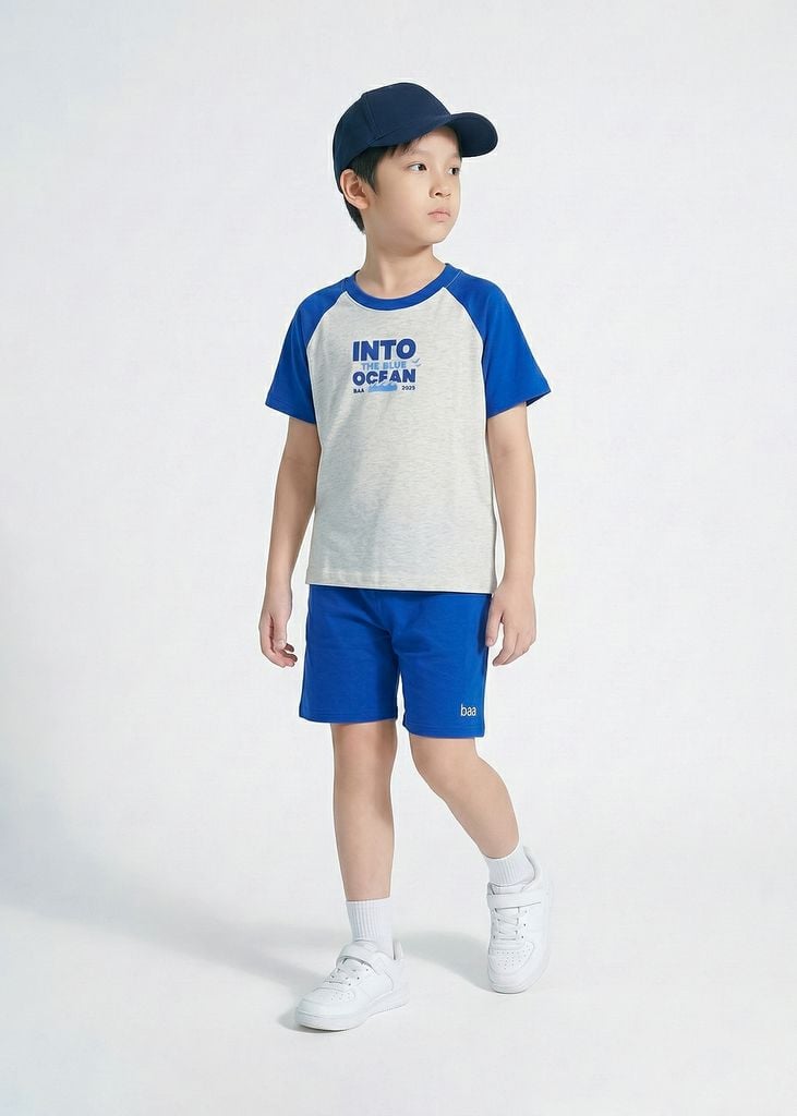 Bộ Thun Ngắn Tay Raglan Bé Trai Xám Phối Xanh Đại Dương