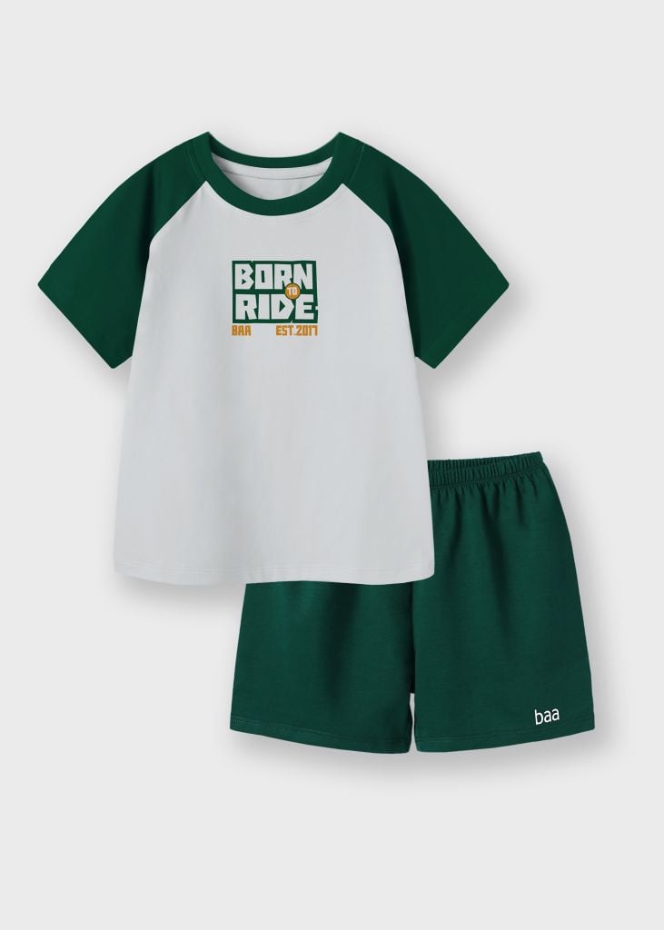 Bộ Thun Ngắn Tay Raglan Bé Trai Xám Phối Xanh Lá Born To Ride