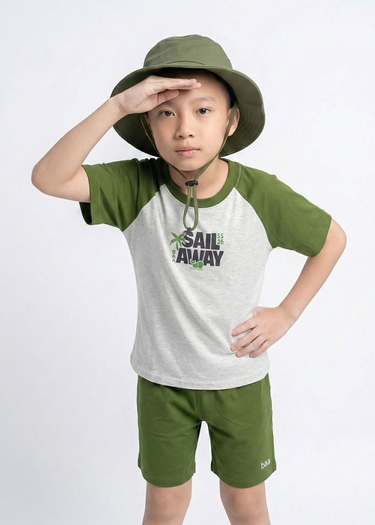 Bộ Thun Ngắn Tay Raglan Bé Trai Xám Phối Xanh Lá Summer
