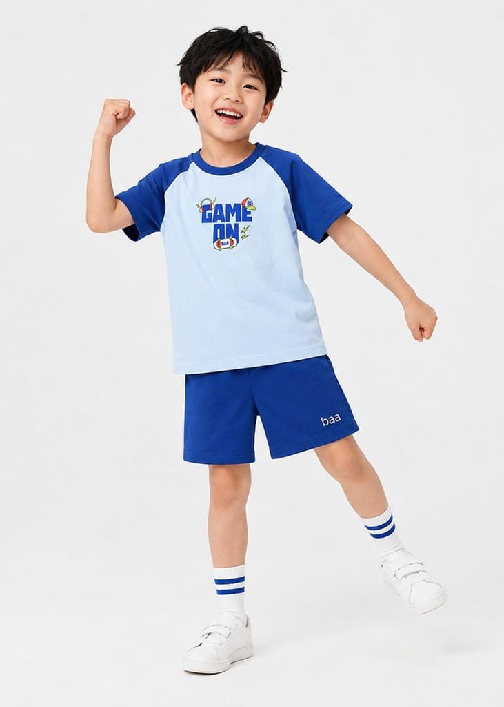 Bộ Thun Ngắn Tay Raglan Bé Trai Xanh Biển Game On Phối