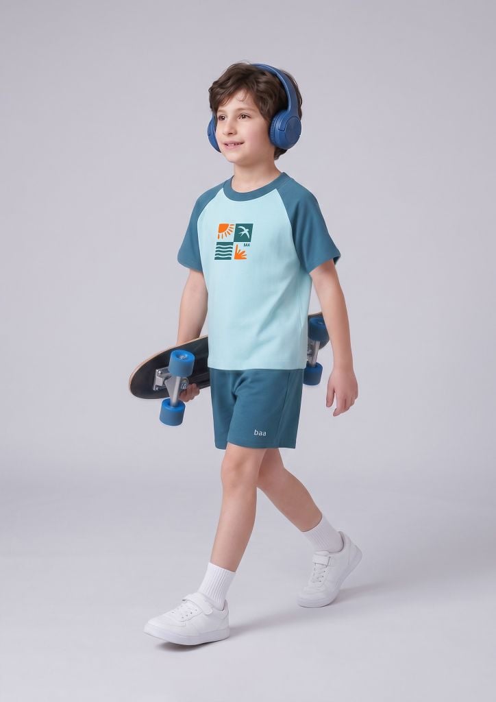 Bộ Thun Ngắn Tay Raglan Bé Trai Xanh Biển Phối Summer
