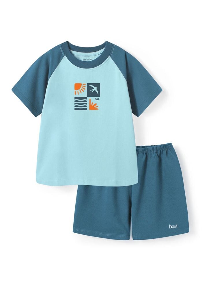 Bộ Thun Ngắn Tay Raglan Bé Trai Xanh Biển Phối Summer