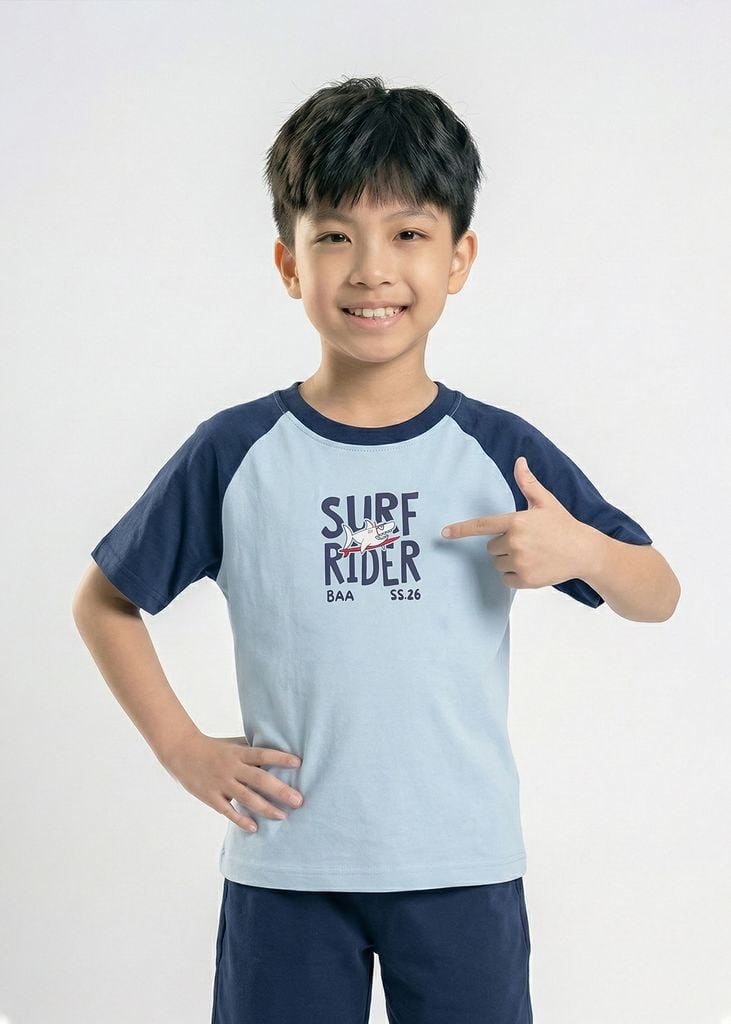 Bộ Thun Ngắn Tay Raglan Bé Trai Xanh Phối Navy Cá Mập