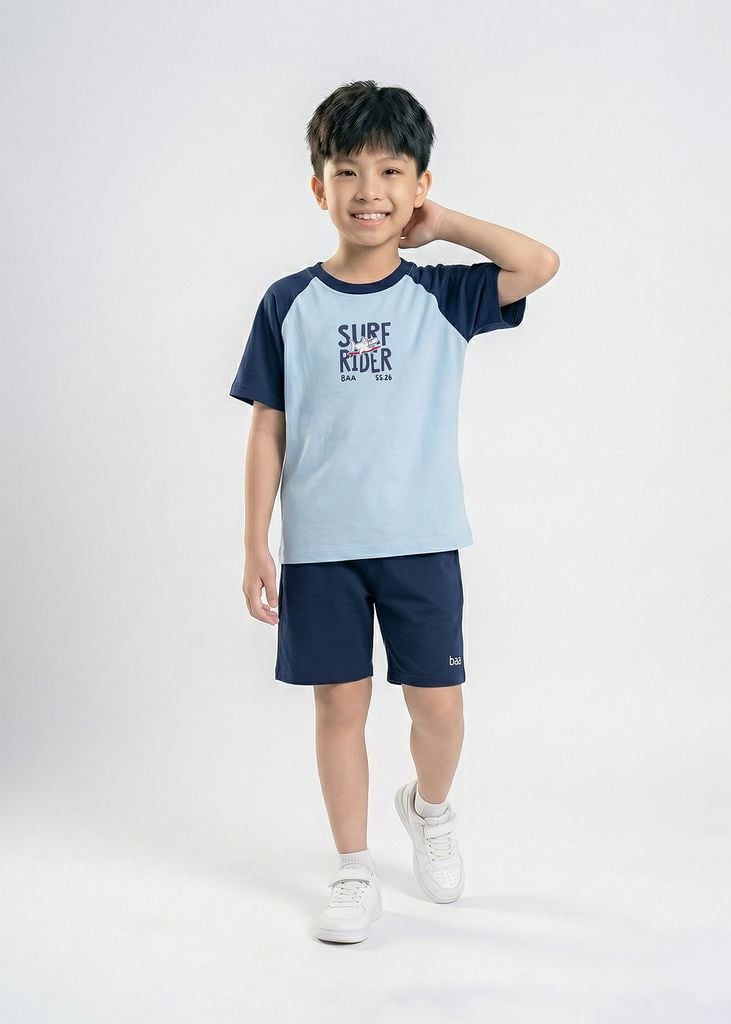 Bộ Thun Ngắn Tay Raglan Bé Trai Xanh Phối Navy Cá Mập