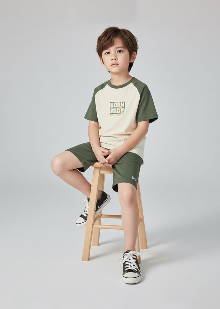 Bộ Thun Tay Raglan Bé Trai Kem Phối Xanh Lá Born To Ride