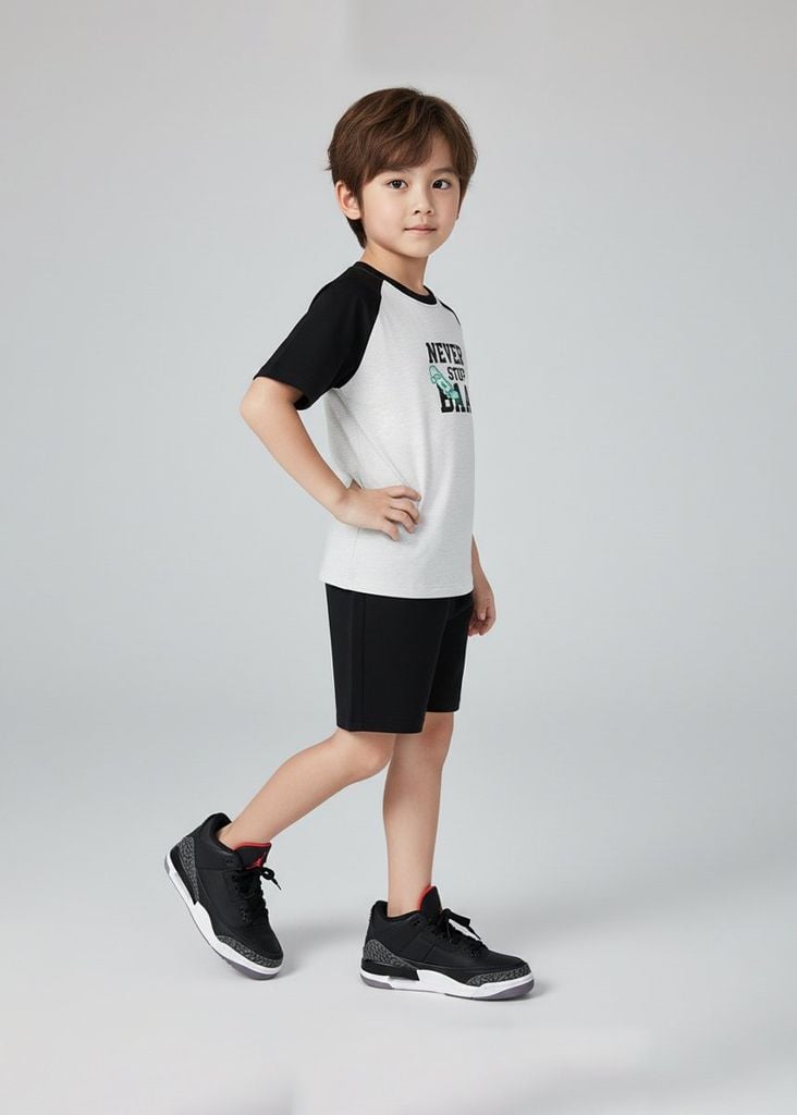 Bộ Thun Tay Raglan Bé Trai Xám Phối Đen Never Stop