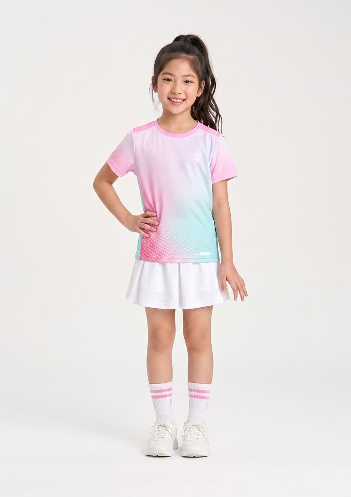 Set Thể Thao Chân Váy Cho Bé Siêu Nhẹ Ultra Light (Hồng Halftone Dots + Váy Trắng Kem)
