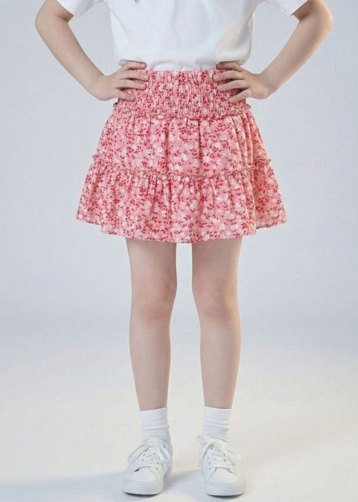 Chân Váy Quần Hai Tầng Bé Gái Hồng Họa Tiết Hoa Liti