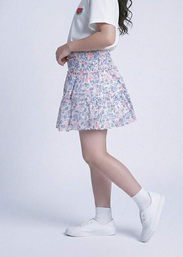 Chân Váy Quần Hai Tầng Bé Gái Trắng Họa Tiết Hoa Liti
