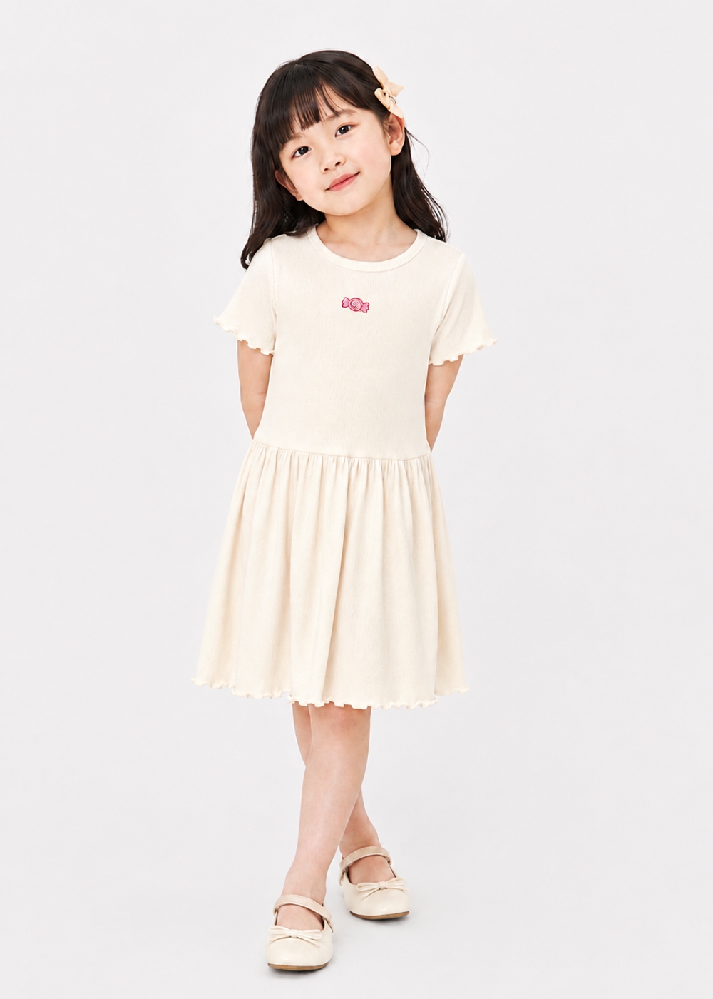 Đầm Ngắn Tay Bé Gái Kem Thêu Sweet Candy