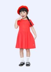 Đầm Bé Gái Thun Gân Đỏ Thêu Trái Tim