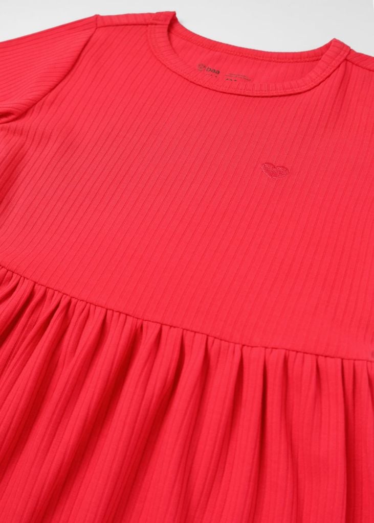 Đầm Bé Gái Thun Gân Đỏ Thêu Trái Tim