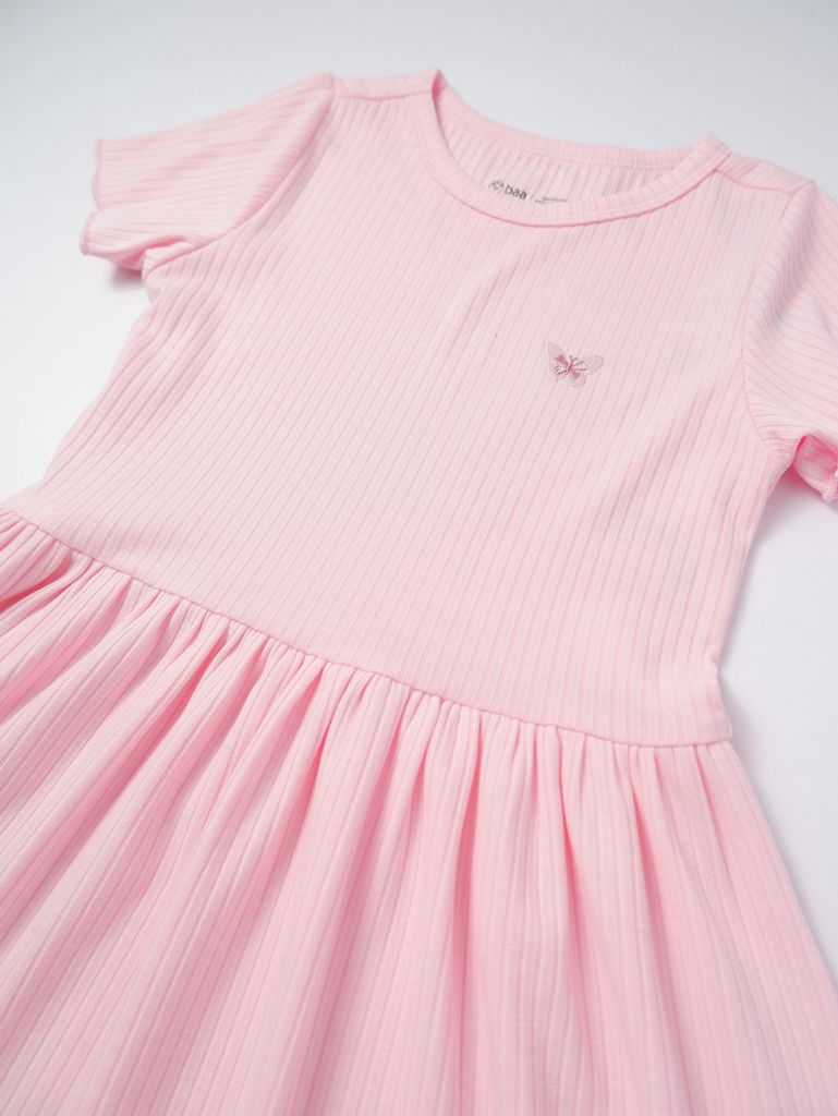 Đầm Bé Gái Thun Gân Hồng Thêu Bướm