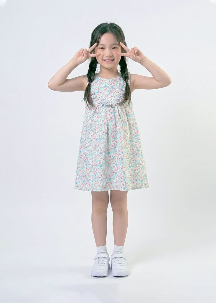Đầm Kiểu Sát Nách Bé Gái Trắng Kem Họa Tiết Hoa Liti