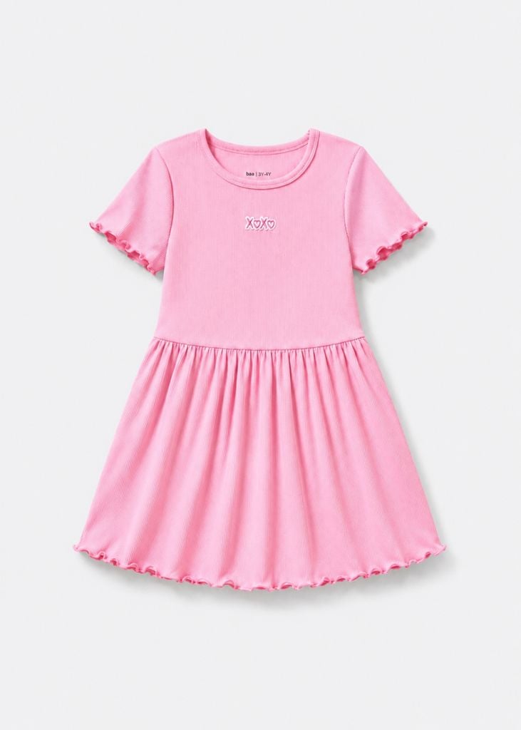 Đầm Ngắn Tay Bé Gái Hồng Thêu XOXO